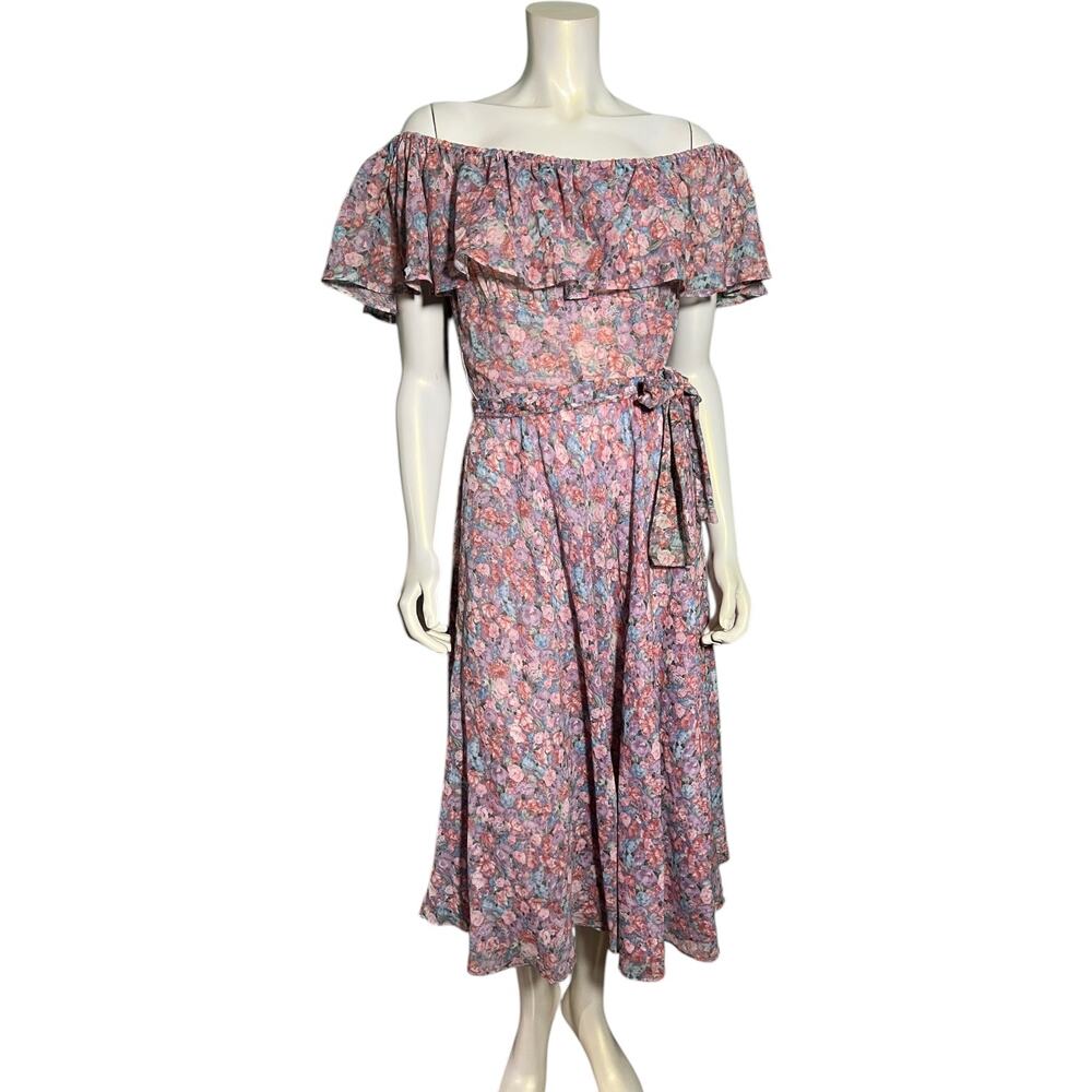 Vintage Samuel Blue Floral Off Shoulder Dress Size 14 Romantic Midi